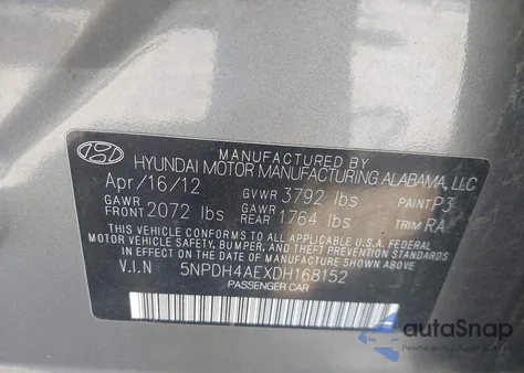 2013 Hyundai Elantra Gls z USA, uszkodzony, nr VIN 5NPDH4AEXDH168152